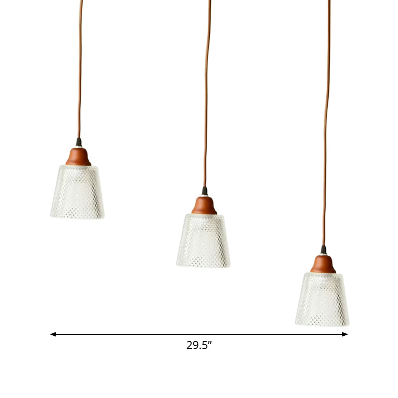 Modern Red Brown Glass Island Pendant Light - 3 Prismatic Heads Conical/Round Suspension