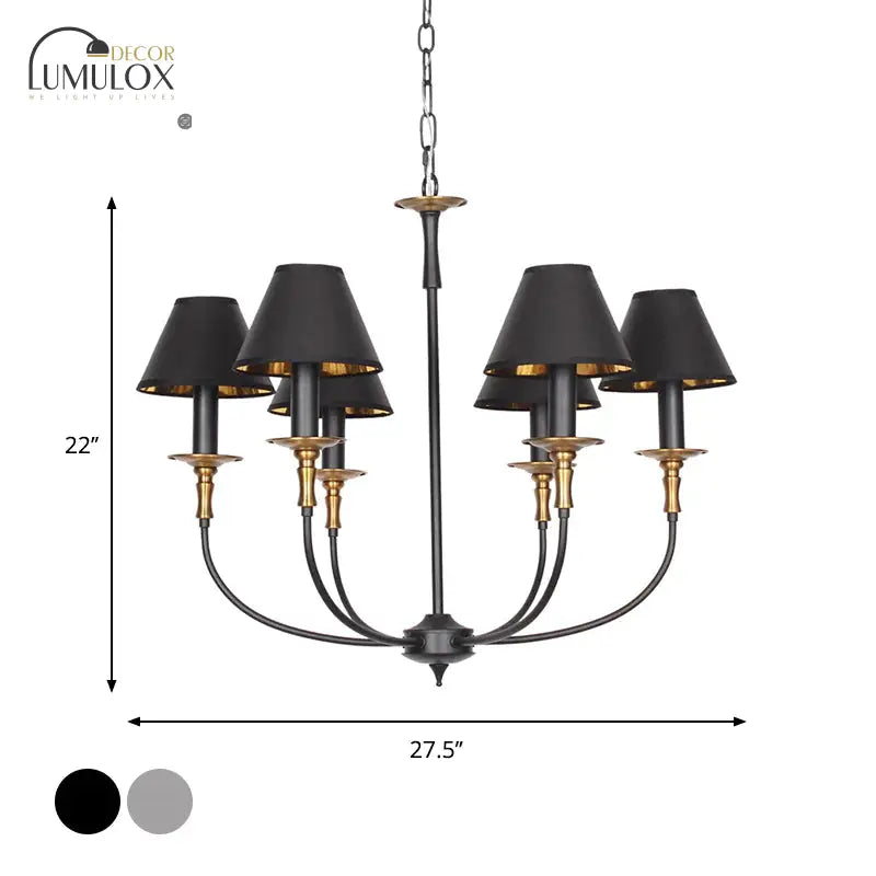 Traditional Cone Shape Chandelier 3/4/6-Head Fabric Hanging Pendant In Black/Chrome With Swooping