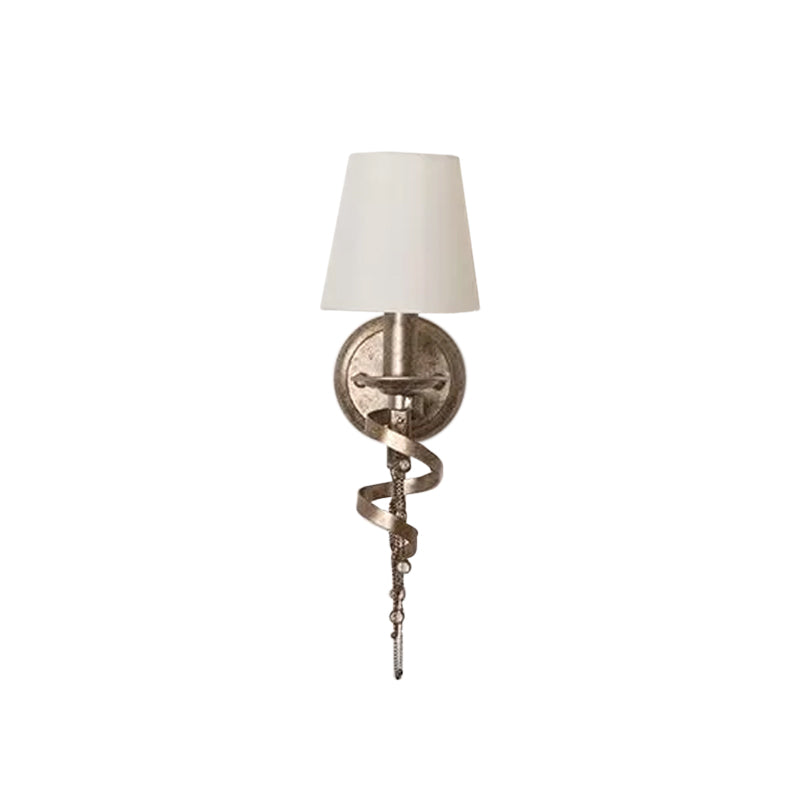 Farmhouse Barrel Fabric Wall Sconce With Crystal Chain Deco And Spiral Design - White
