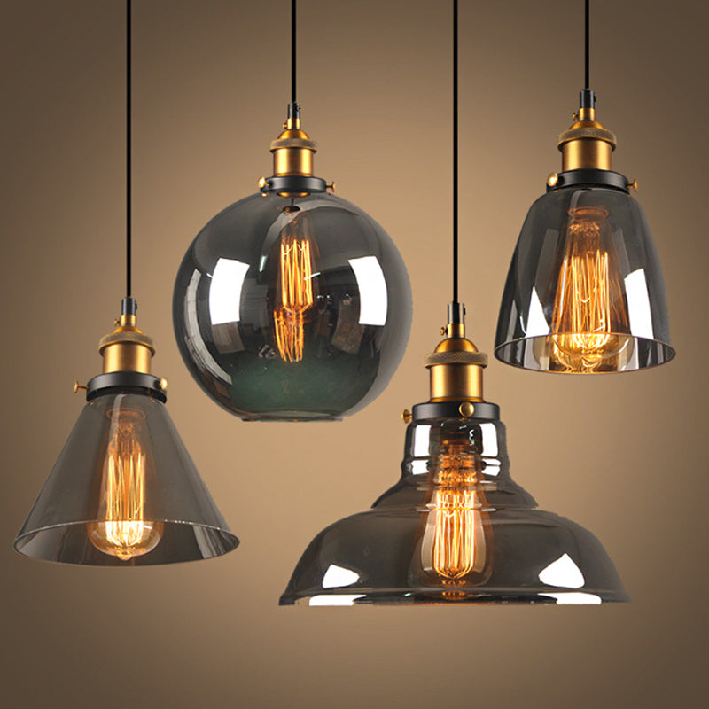 Retro Style Smoky Grey Glass Pendant Lamp - Brass Finish Bedside Ceiling Hanging Light