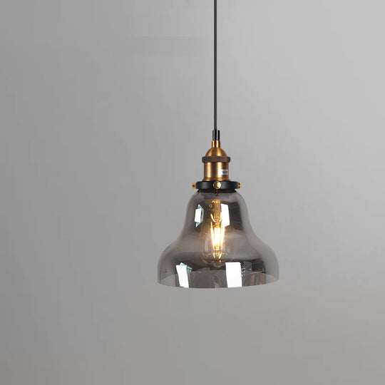Retro Style Smoky Grey Glass Pendant Lamp - Brass Finish Bedside Ceiling Hanging Light