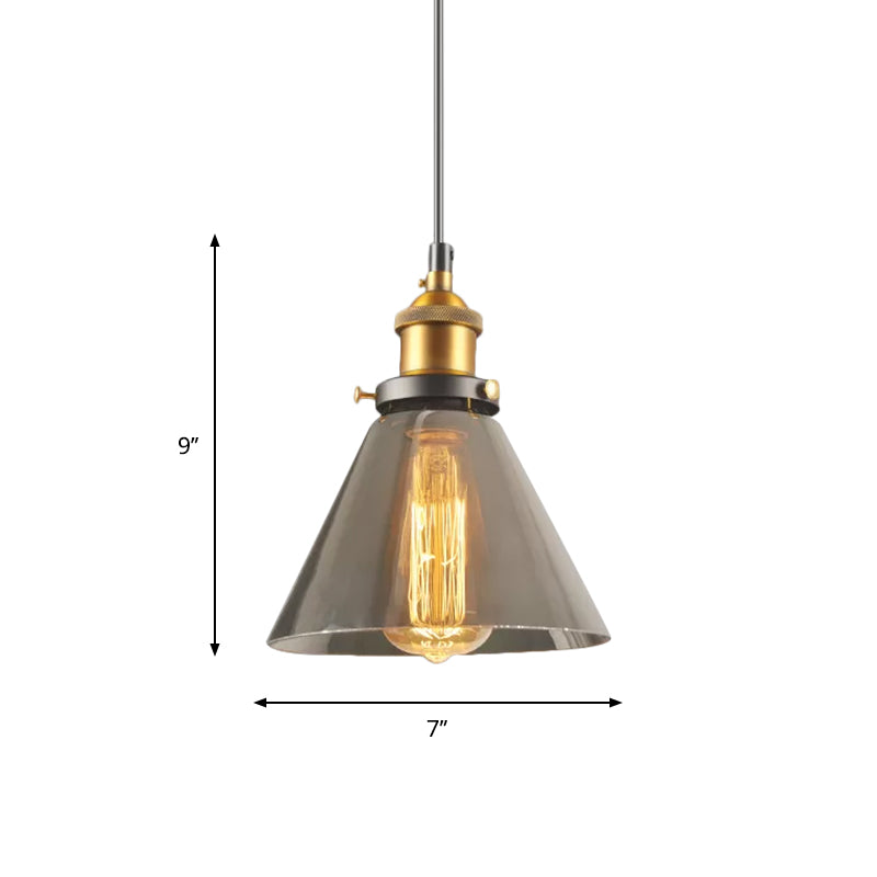 Retro Style Smoky Grey Glass Pendant Lamp - Brass Finish Bedside Ceiling Hanging Light