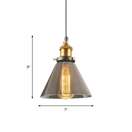 Retro Style Smoky Grey Glass Pendant Lamp - Brass Finish Bedside Ceiling Hanging Light