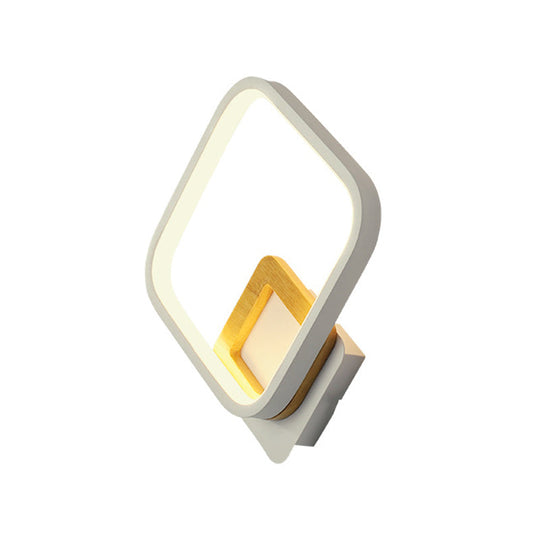 Diamond-Frame Led Wall Sconce: Minimalist White & Wood Light With Warm/White Glow