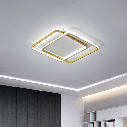 Minimalist Led Ceiling Lamp In Gold: Double Square/Rectangle Flush Mount | Warm & White Light Gold