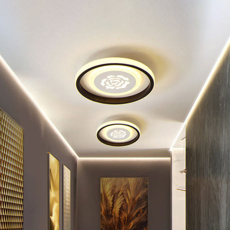 Smile/Anchor/Panda Pattern Circular Led Flush Ceiling Mount Lamp In Cartoon Acrylic Black / Flower