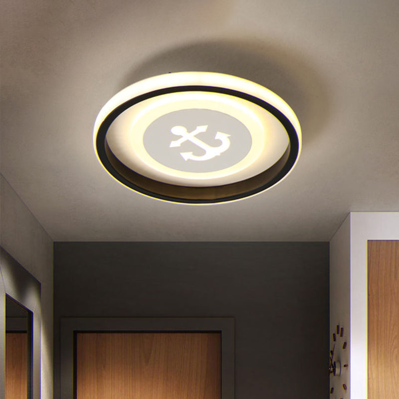 Smile/Anchor/Panda Pattern Circular Led Flush Ceiling Mount Lamp In Cartoon Acrylic Black / Anchor