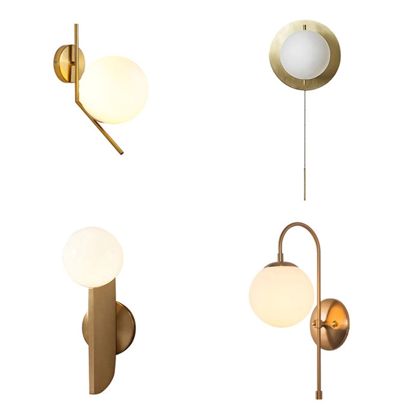 Gold Mini Globe Wall Sconce Light - Elegant Opaline Glass Fixture For Bedroom