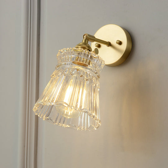 Postmodern Gold Wall Light With Clear Ribbed Glass - Conical Design Rotating Feature 1 Kit / A
