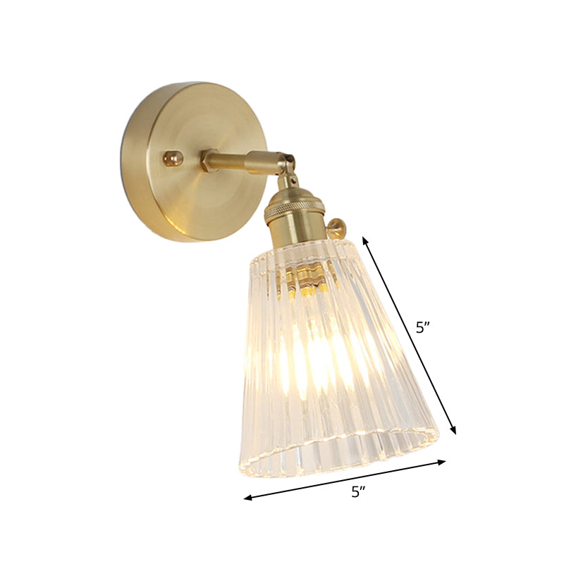 Postmodern Gold Wall Light With Clear Ribbed Glass - Conical Design Rotating Feature 1 Kit