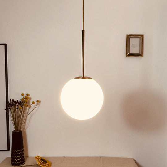 White Glass Ball Drop Pendant - 1 Light Brass Pendulum For Bedroom 6/8/10 Diameter / 6