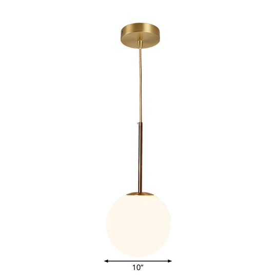 White Glass Ball Drop Pendant - 1 Light Brass Pendulum For Bedroom 6/8/10 Diameter