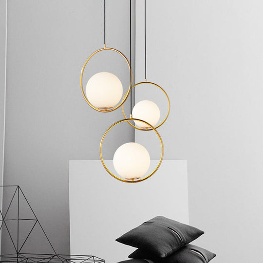Modern Black/Gold Hanging Lamp With Frosted White Glass Ringed Pendant 10/12/14 Width