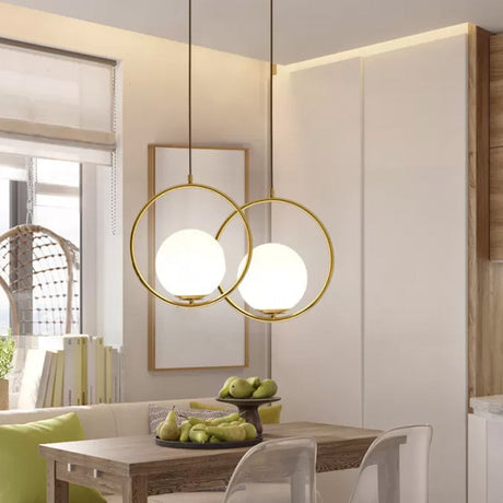 Modern Black/Gold Hanging Lamp With Frosted White Glass Ringed Pendant 10/12/14 Width