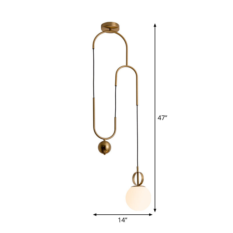 Opaline Glass Ball Pendant Light With Pulley - Postmodern Hanging Lamp In Gold