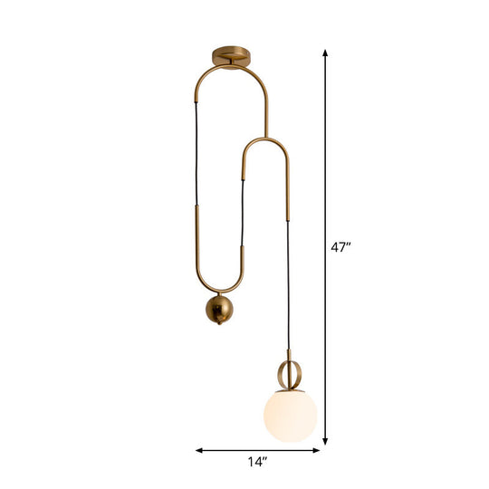 Opaline Glass Ball Pendant Light With Pulley - Postmodern Hanging Lamp In Gold