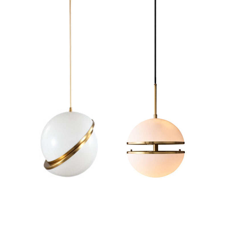 Frosted White Glass Hanging Lamp - Brass Postmodern Single-Bulb Pendant (8/10/12)
