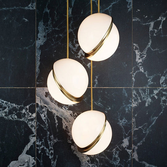 Frosted White Glass Sliced Sphere Hanging Lamp In Brass - Available 3 Sizes