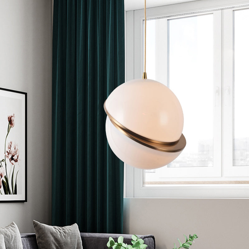 Frosted White Glass Sliced Sphere Hanging Lamp In Brass - Available 3 Sizes