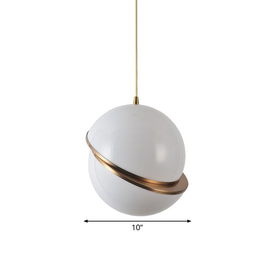 Frosted White Glass Sliced Sphere Hanging Lamp In Brass - Available 3 Sizes