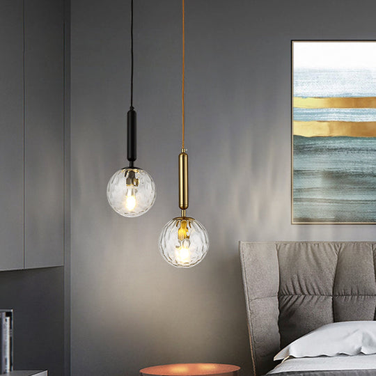 Postmodern Hanging Light: Ball Bedroom Pendant With Clear Water/White Glass & 1 Bulb In Black/Gold