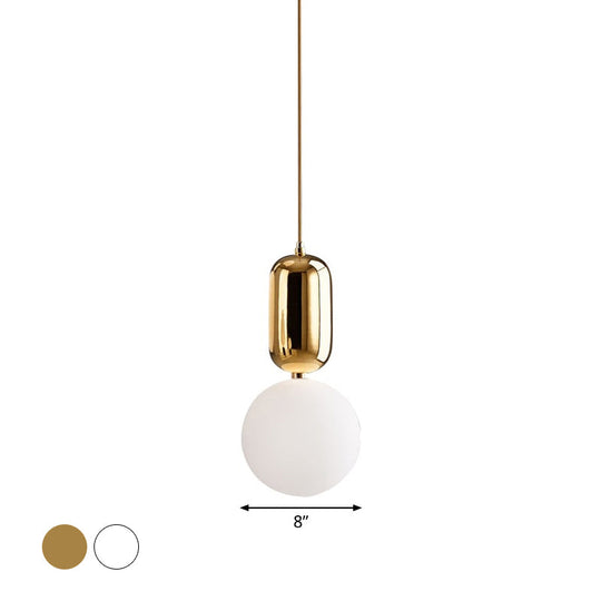 Postmodern 1-Light Pendant Lamp With Milky Ball Glass Shade - White/Gold Capsule Ceiling Hang