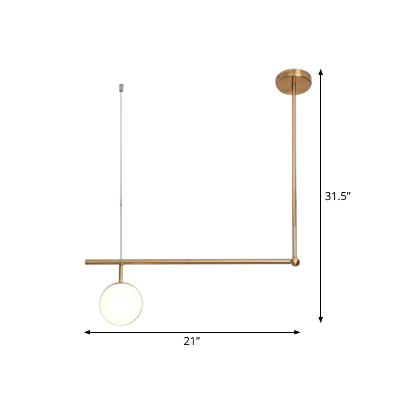 Gold Right Angled Bar Hanging Light Kit - Minimalist Pendant Lamp With Opal Glass Shade