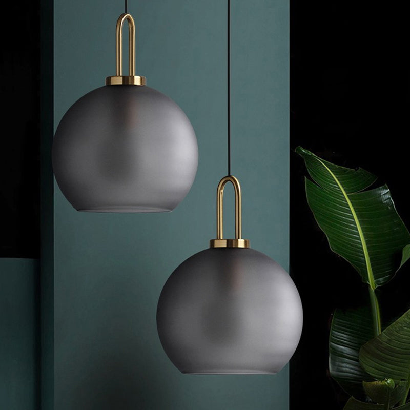 Frosted Smoky Grey Glass Sphere Pendant With Brass Ceiling Hang Light - Modern Single-Bulb Various