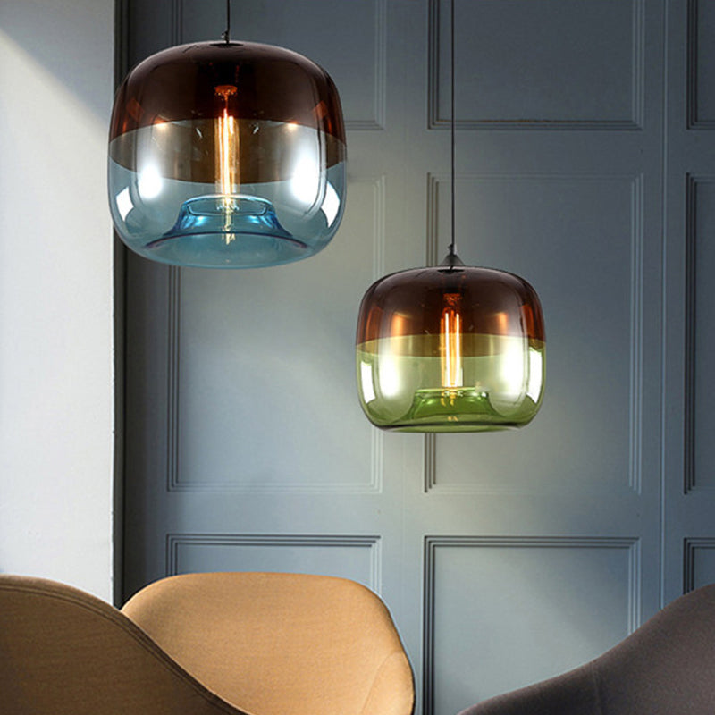 Modern Glass Drum Pendant Ceiling Light Blue/Green-Brown Design Ideal For Dining Rooms Includes 1