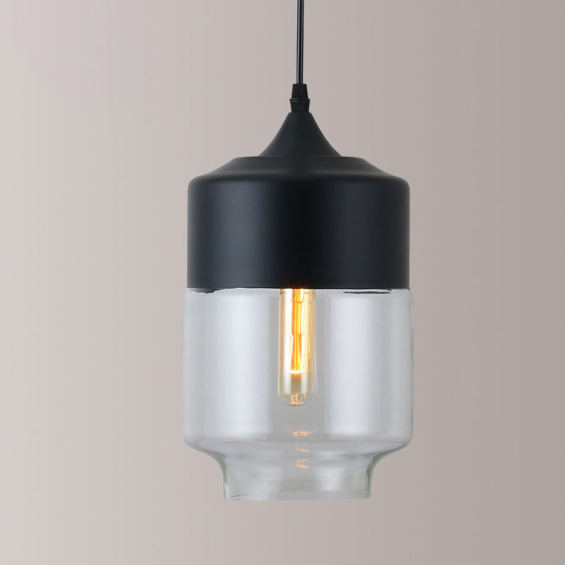 Modern Black Pendant Lamp With Jar Clear Glass Shade - 1-Light Restaurant Down Lighting