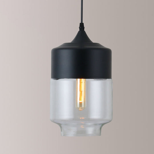 Modern Black Pendant Lamp With Jar Clear Glass Shade - 1-Light Restaurant Down Lighting
