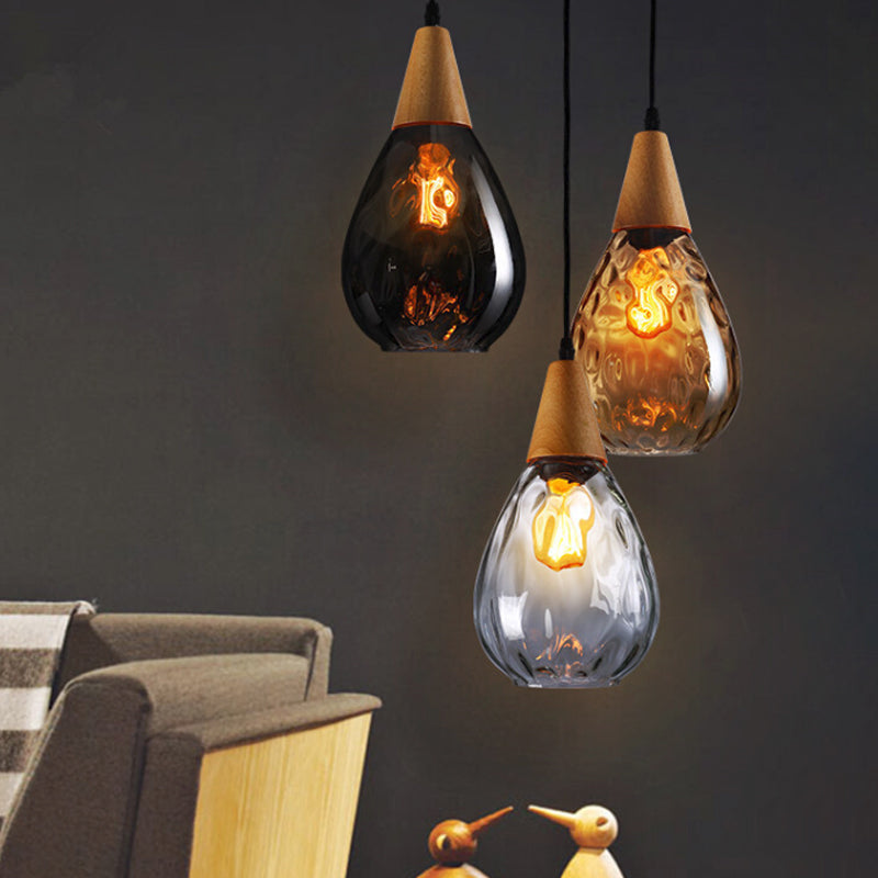 Modern Wood Teardrop Pendant Light With Amber Water Glass For Restaurant - 6’/8’ Wide