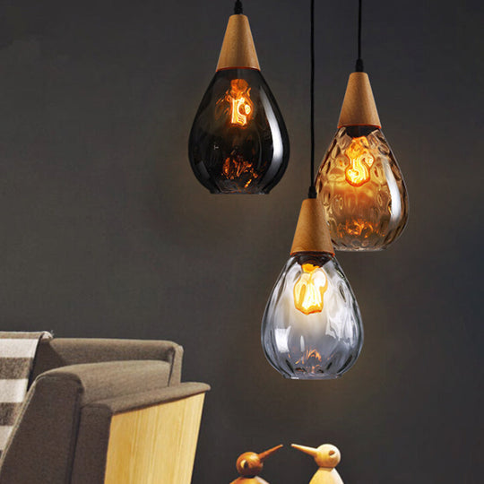 Modern Wood Teardrop Pendant Light With Amber Water Glass For Restaurant - 6’/8’ Wide