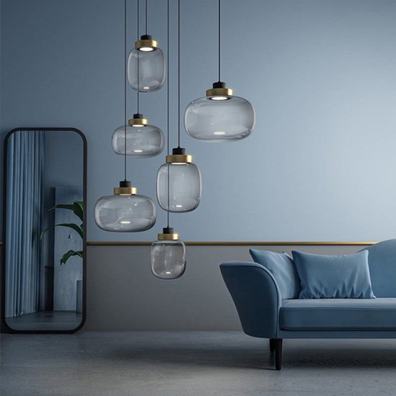 Modern Smoke Grey Glass Ellipse Pendant Light For Living Room With Adjustable Warm/White/Natural