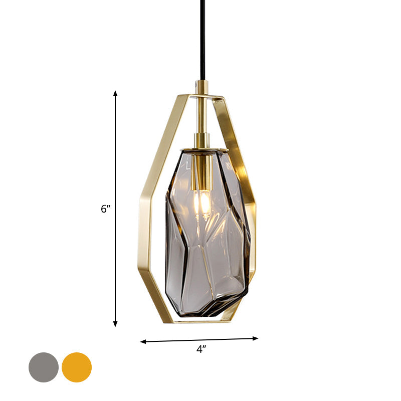 Modernist Glass Pendant Lamp With Brass Heptagon Frame - Gem Amber/Smoke Grey 1 Light