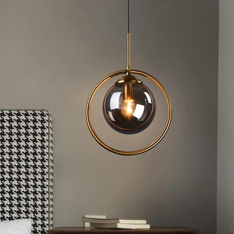 Postmodern Glass Pendant Light With Globe Down Lighting And Brass Ring For Bedroom