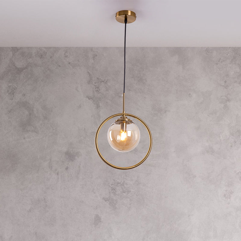 Postmodern Glass Pendant Light With Globe Down Lighting And Brass Ring For Bedroom Amber