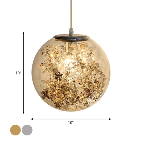 Modern Clear Glass Pendulum Light With Scattered Flower Decor - 1 Head Silver/Gold Ceiling Hang Lamp