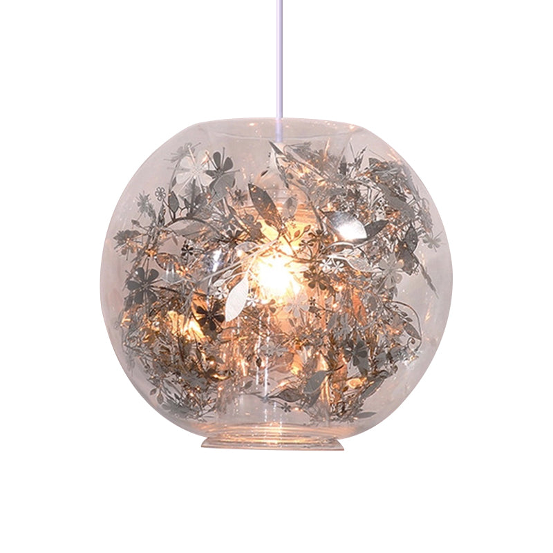 Modern Globe Glass Pendulum Light With Flower Decor Silver/Gold Ceiling Lamp Silver / A
