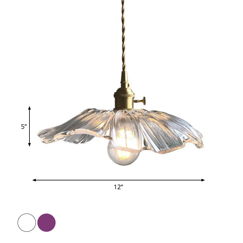 Modern Purple/Clear Glass Flower Pendant Lamp - 1-Light Brass Dining Table Lighting Fixture