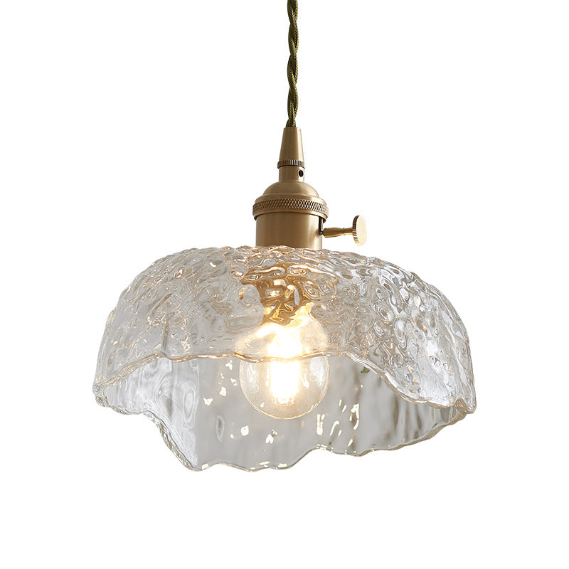 Clear Textured Glass Pendant Light With Brass Floral Rim