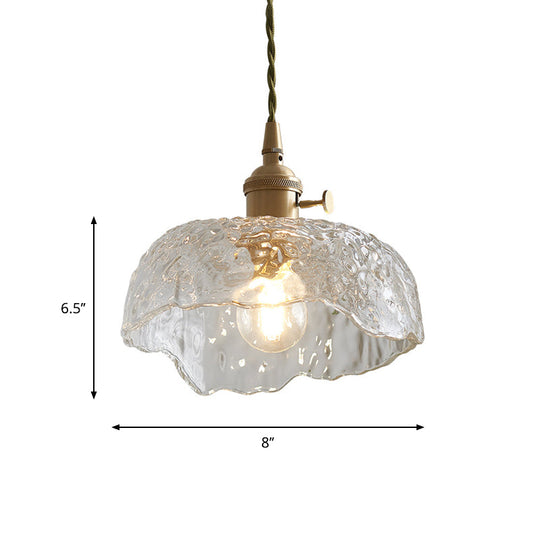 Clear Textured Glass Pendant Light With Brass Floral Rim