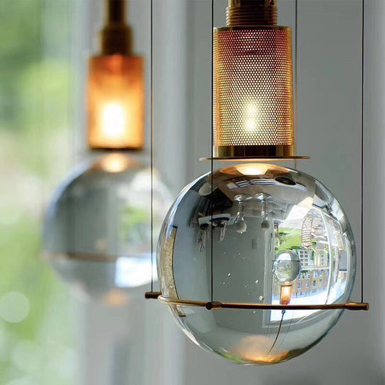 Postmodern Gold Ball Pendant Ceiling Light With Clear Glass And Mesh Top
