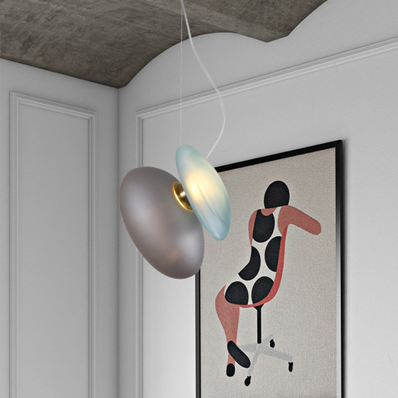 Modern Brass Pendant Light With Glass Shade - Set Of 2 Bulbs Pebble Accent In Light-Blue/Cream