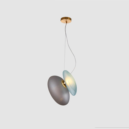 Dining Room Pendant Light - Post-Modern Brass Suspension Lighting With Blue/Cream Glass Shade Set