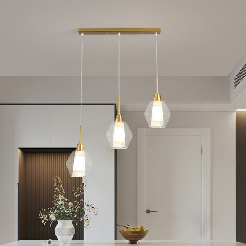 Modern Dual-Shade Diamond Ceiling Hand Lamp With Clear Glass 3-Bulb Gold Pendant Light / Linear