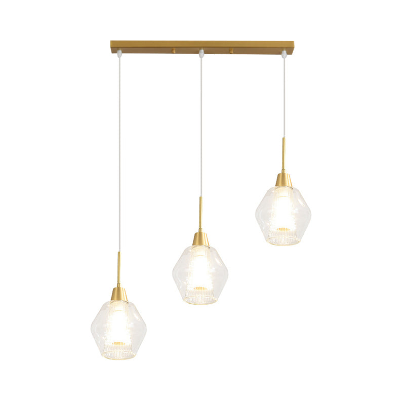 Modern Clear Glass 3-Bulb Gold Cluster Pendant Light - Dual-Shade Diamond Ceiling Hand Lamp