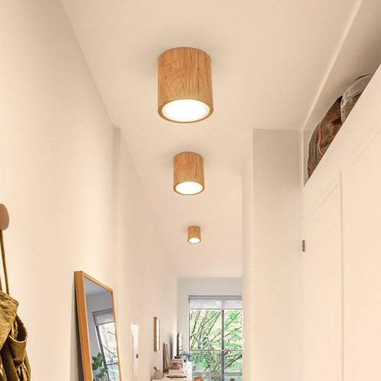 Wooden Mini Corridor Ceiling Lamp Nordic Flush Mount Lighting - Round/Square Led Beige 4’/6’/8’H