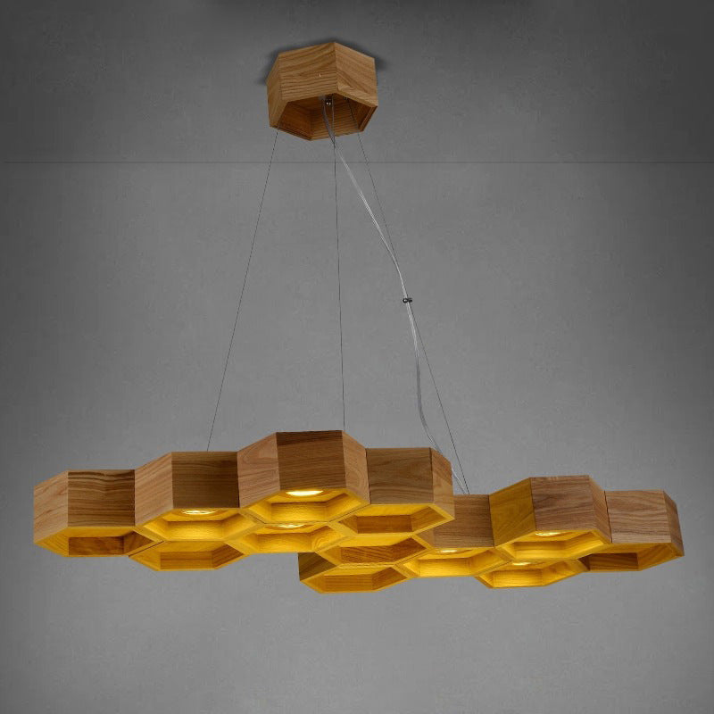 Modern Beehive Suspension Light: Wooden 6-Light Chandelier Pendant In Brown For Dining Room