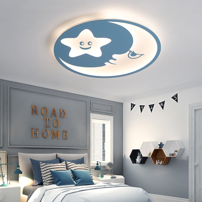 Childs Bedroom Blue Led Acrylic Ceiling Light With Smiling Moon & Stars / White